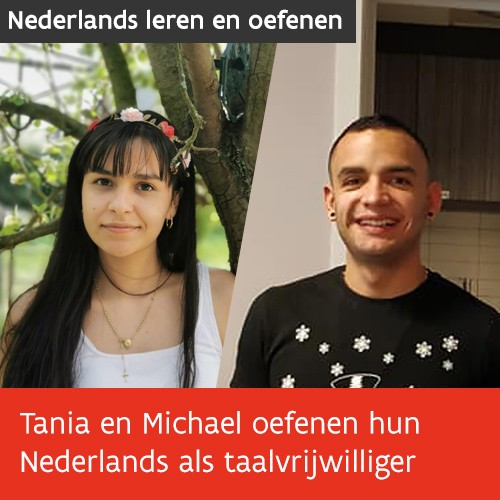 Knop. Tania en Michael oefenen hun Nederlands als taalvrijwilliger.