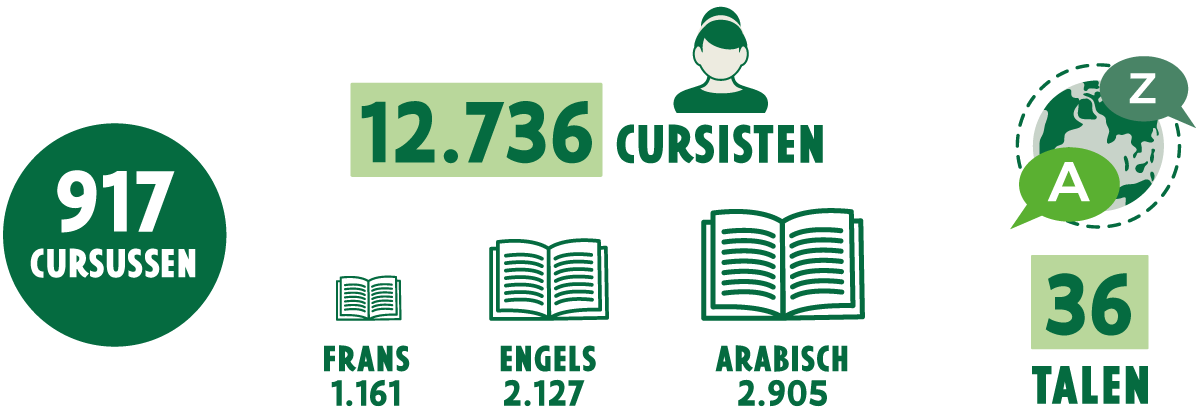 Infographic maatschappelijke oriëntatie in 2022: 917 cursussen, 12736 cursisten in 36 talen, 1161 in het Frans, 2127 in het Engels, 2905 in het Arabisch