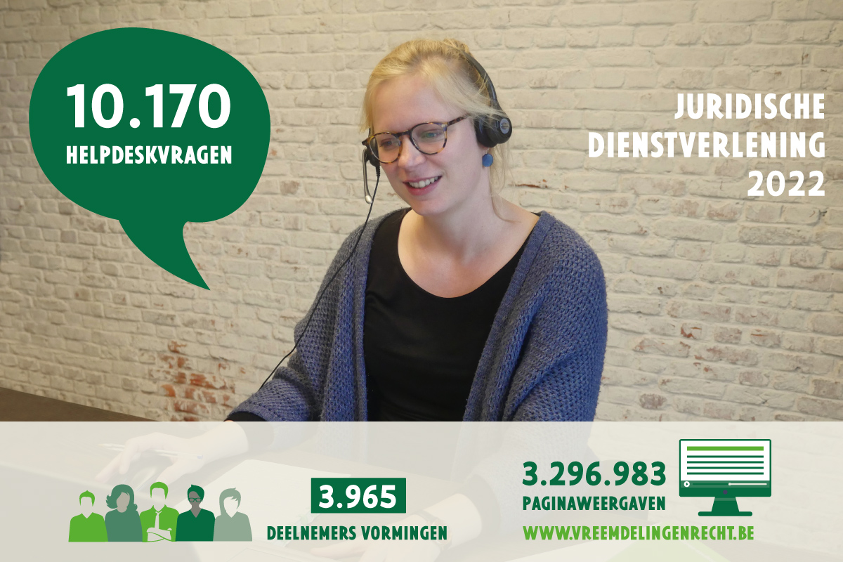 Infographic over onze juridische dienstverlening in 2022: 10170 helpdeskvragen, 3296983 paginaweergaves op vreemdelingenrecht.be, 3965 deelnemers vormingen